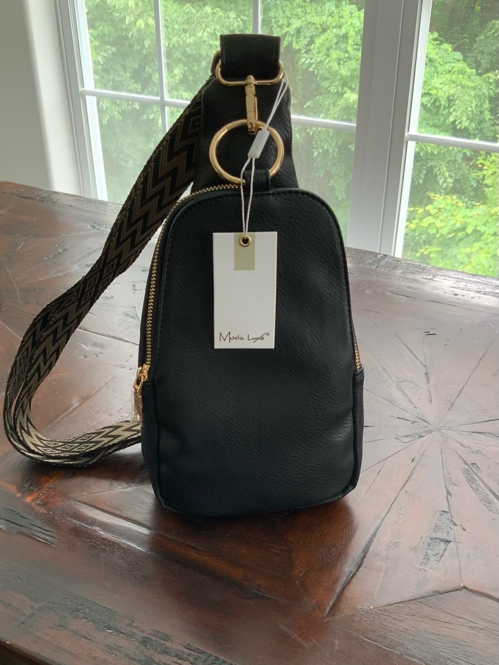 Moda Luxe Black Sling Bag with Patterned Chevron Strap